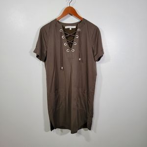 Lovers & Friends Olive Green Tencel Lace Up Dress With Pockets